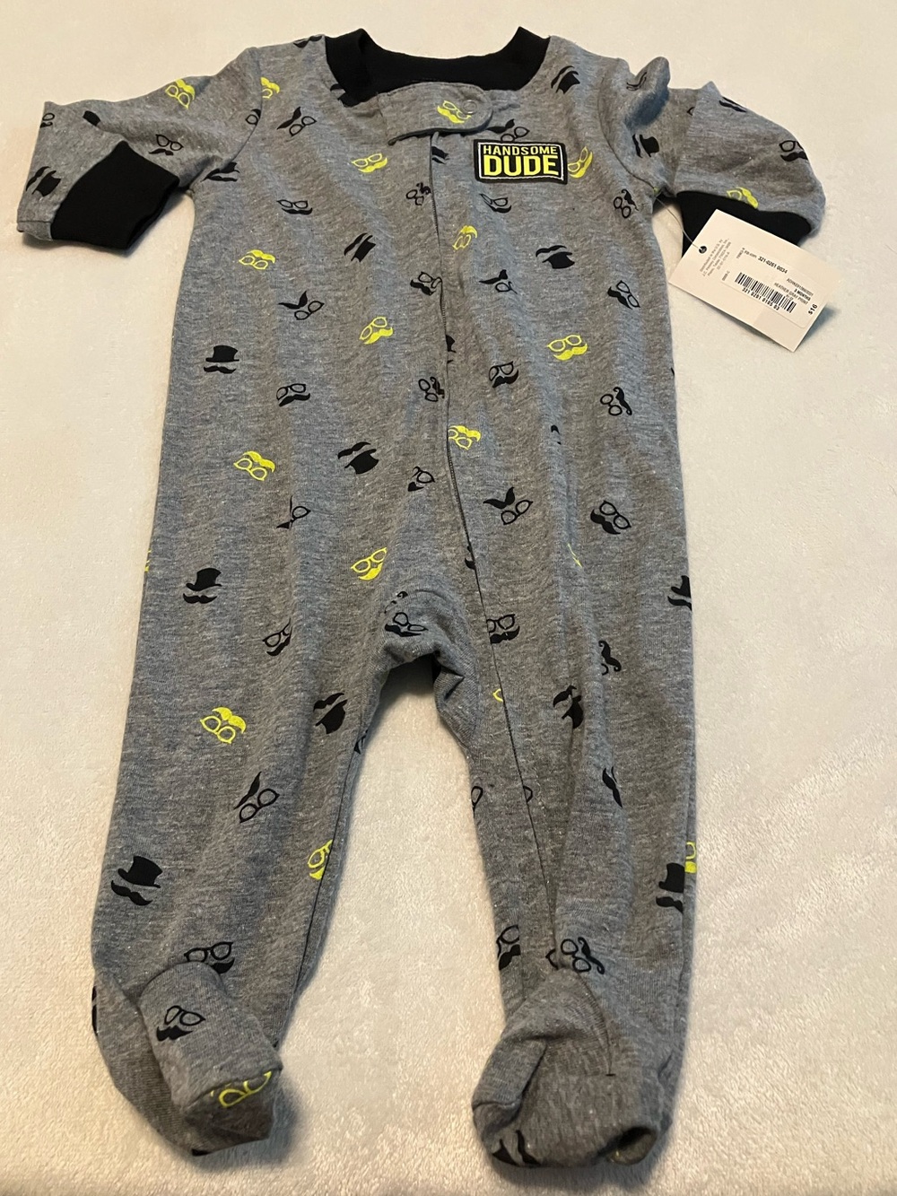 Gray & Yellow 'Handsome Dude' Mustache Footed One-Piece